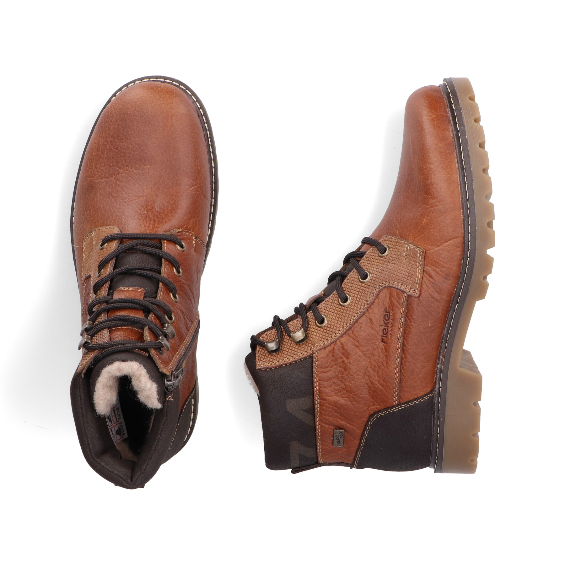 Braune Rieker Herren Schnürstiefel 38832-22 mit wasserabweisender TEX-Membran. Schuh von oben, liegend.