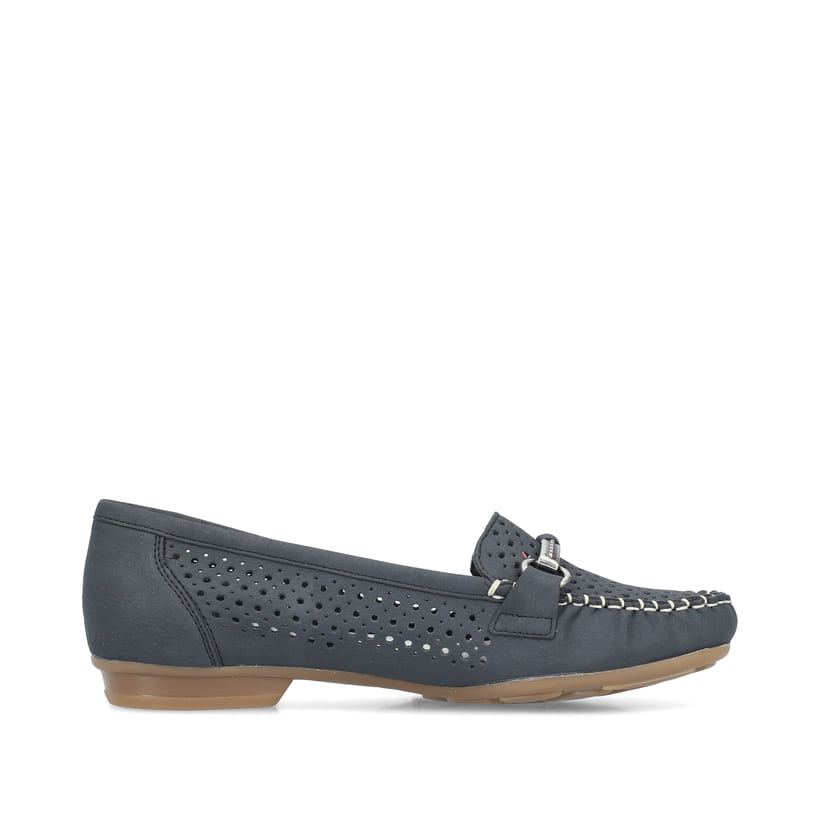 Blaue Rieker Damen Loafer 40065-15 mit der schmalen Passform E 1/2. Schuh Innenseite.