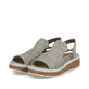 Khakifarbene Rieker Keilsandaletten 62741-52 mit Gummizug sowie der Extraweite H. Schuhpaar seitlich schräg.