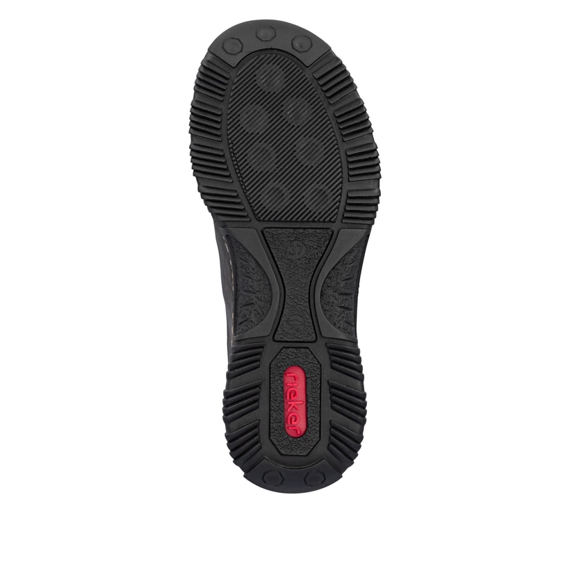 Dunkelbraune Rieker Damen Slipper N32G0-25 mit Deko-Reißverschluss. Schuh Laufsohle.