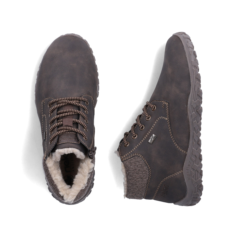 Dunkelbraune Rieker Herren Schnürstiefel 08130-25 mit dem Highflex-Feature. Schuh von oben, liegend.