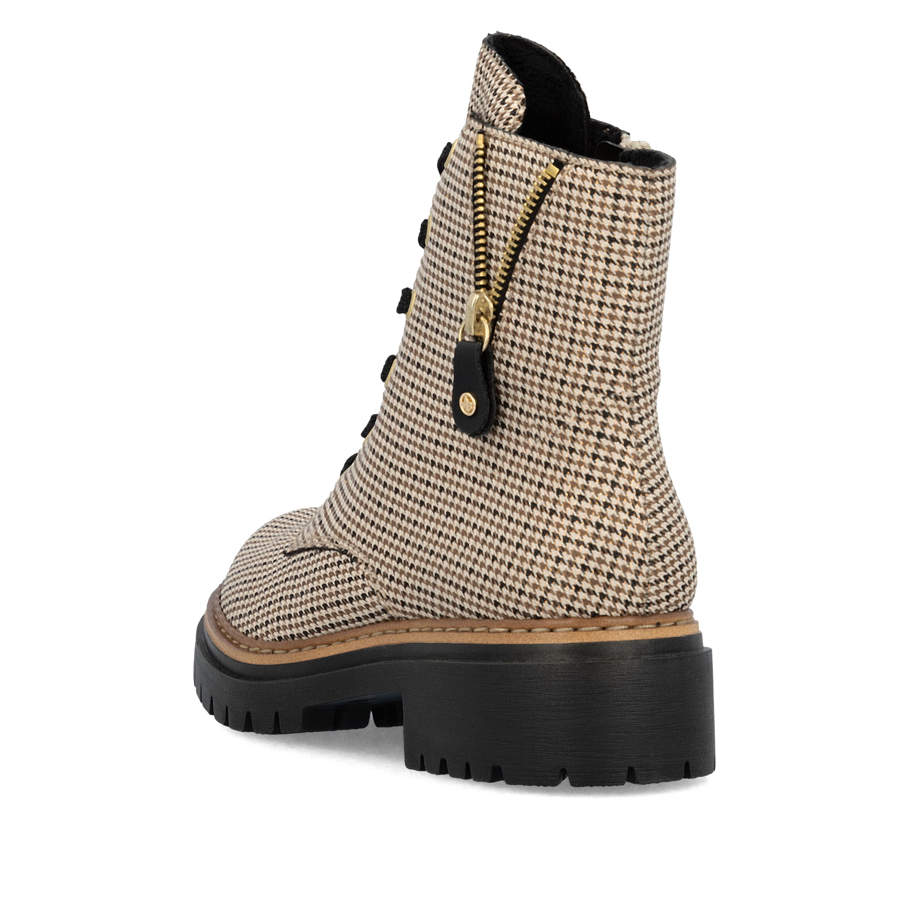 Beige Rieker Damen Biker Boots 72617-60 mit modischem Karomuster. Schuh von hinten.