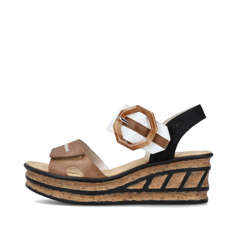 Beige Rieker Keilsandaletten 68176-64 mit trendigen Schnalle. Schuh Außenseite.