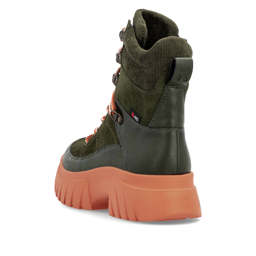 Bottes à lacets Rieker vertes pour femme W1871-54 avec membrane RiekerTEX. Chaussure vue de l'arrière.