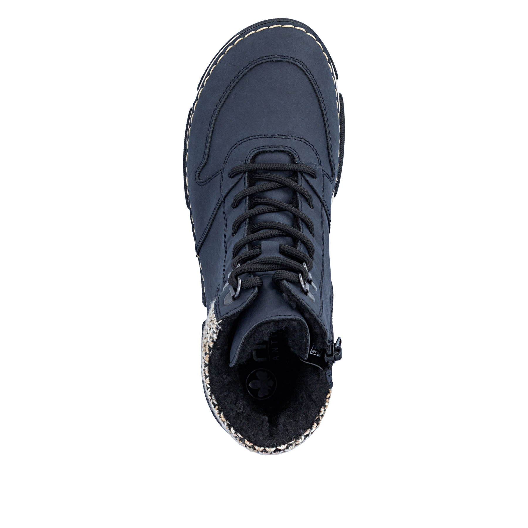Dunkelblaue Rieker Damen Schnürstiefel 45955-15 mit Strick-Kragen. Schuh von oben.