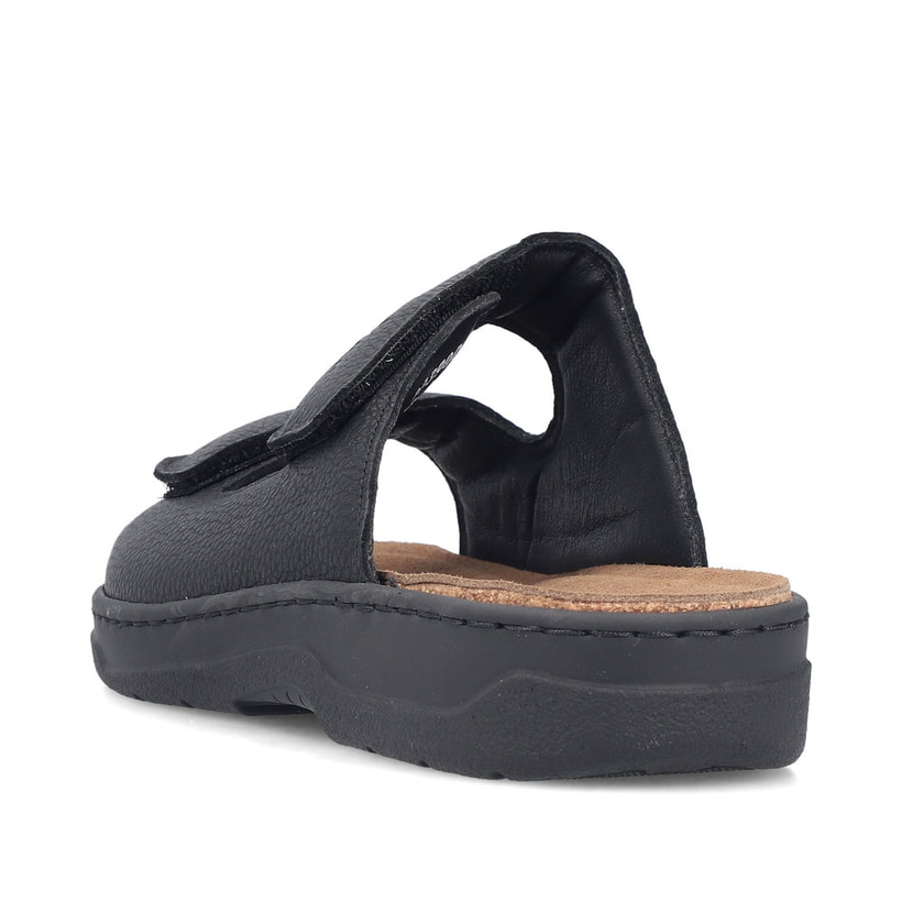 Schwarze Rieker Herren Pantoletten 20390-00 aus Glattleder mit Klettverschluss. Schuh von hinten.