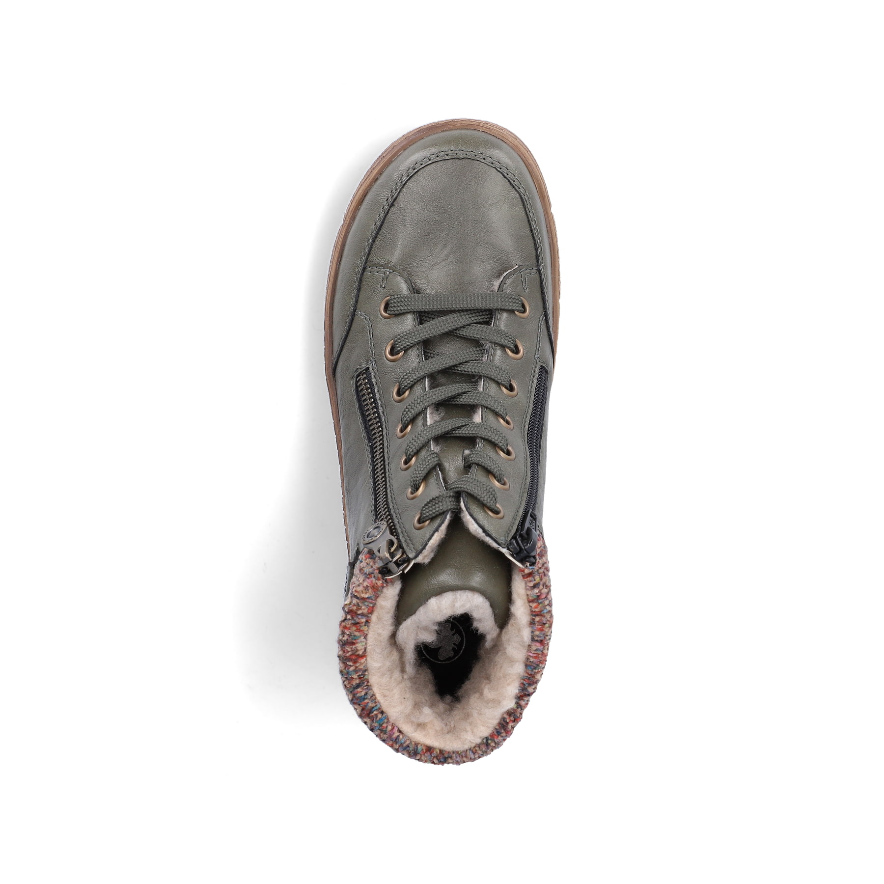 Dunkelgrüne Rieker Damen Schnürstiefel 72322-54 mit einem Reißverschluss. Schuh von oben.