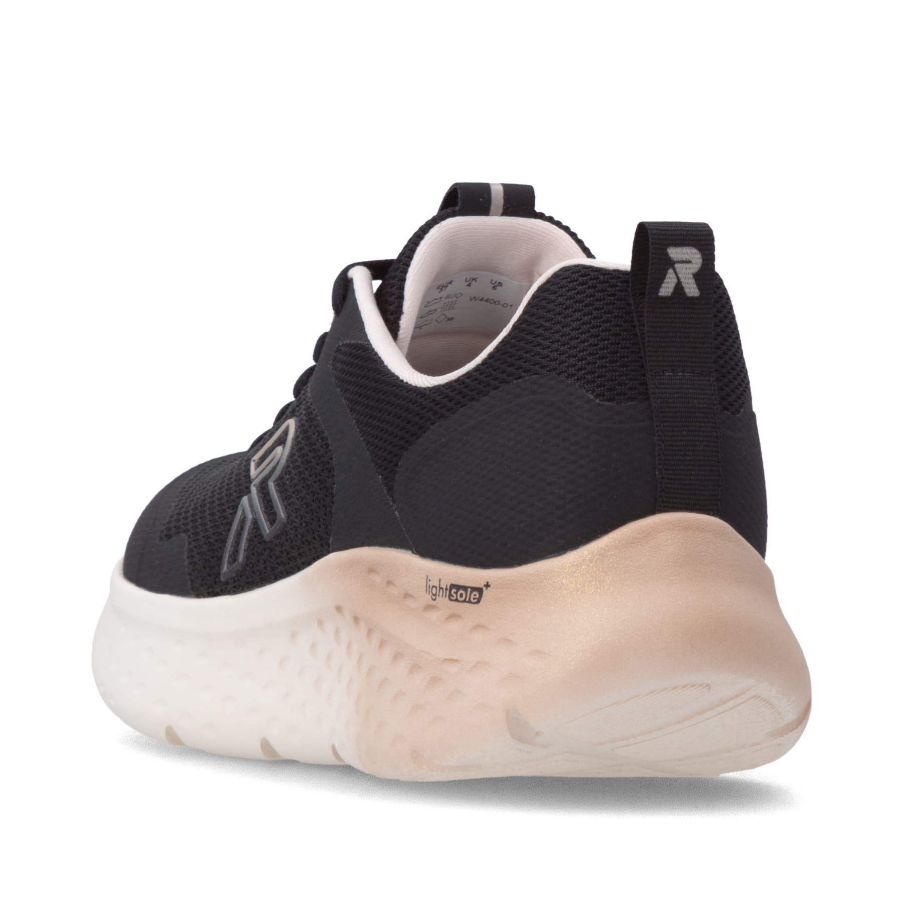 Schwarze Rieker Sport Damen Sneaker Low W4400-01. Schuh von hinten.