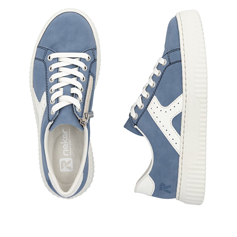Blaue Rieker Damen Sneaker Low N9920-14 mit einem Reißverschluss. Schuh von oben, liegend.