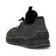 Graue Rieker Damen Slipper 51568-45 mit Gummischnürung sowie geprägtem Logo. Schuh von hinten.