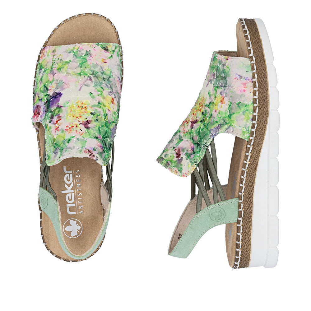 Mehrfarbige Rieker Damen Sandalen V1241-92 mit floralem Muster sowie Gummizug. Schuh von oben, liegend.