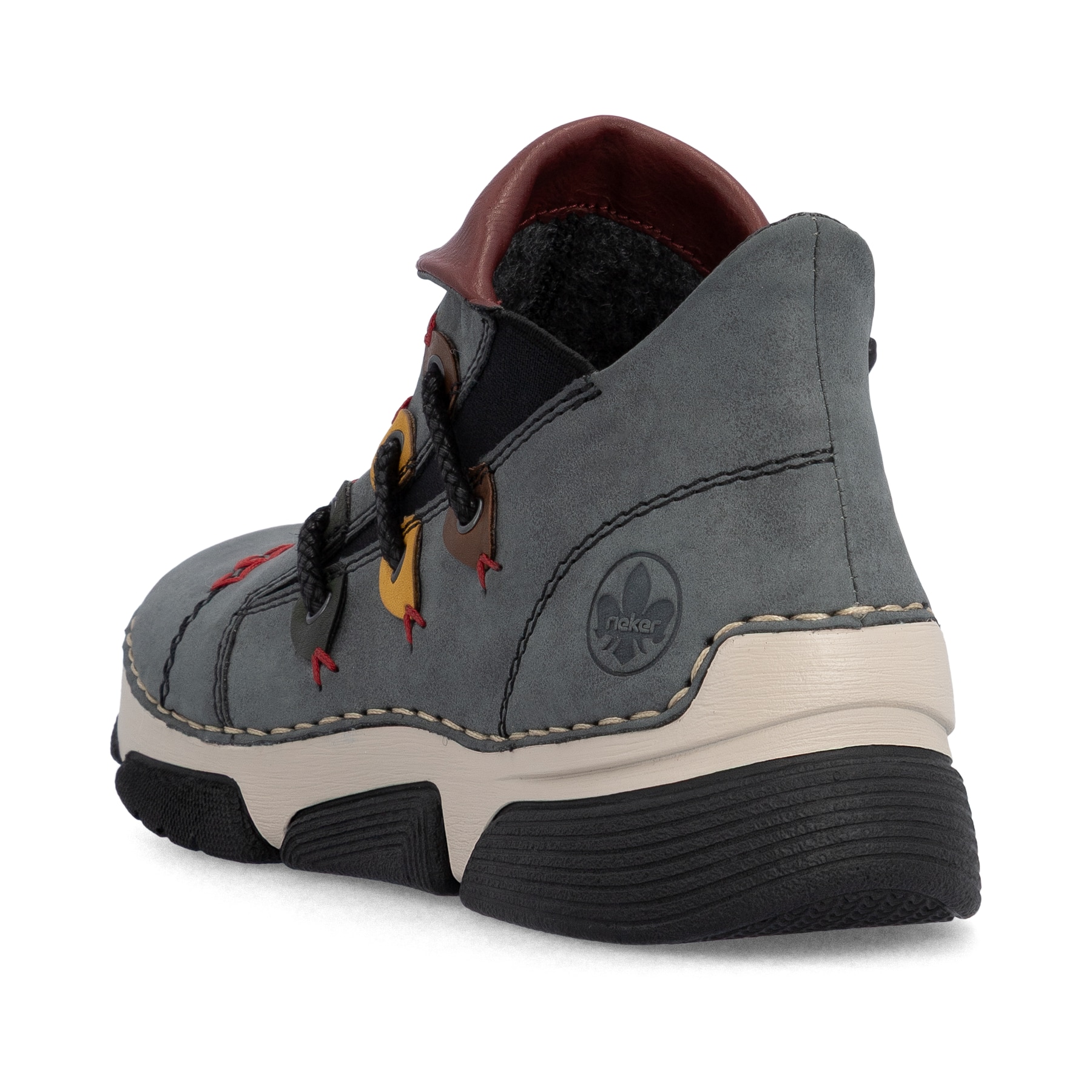 Jeansblaue Rieker Damen Kurzstiefel 45983-14 mit farbenfrohen Details. Schuh von hinten.