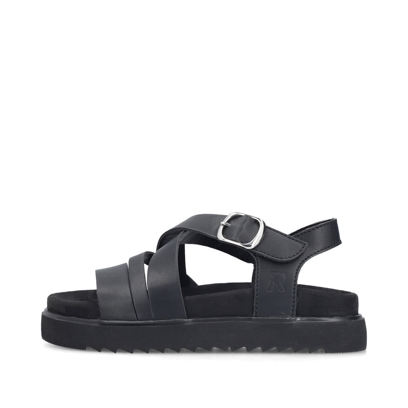 Schwarze Rieker Damen Riemchensandalen V5663-00 mit trendiger Schnalle. Schuh Außenseite.