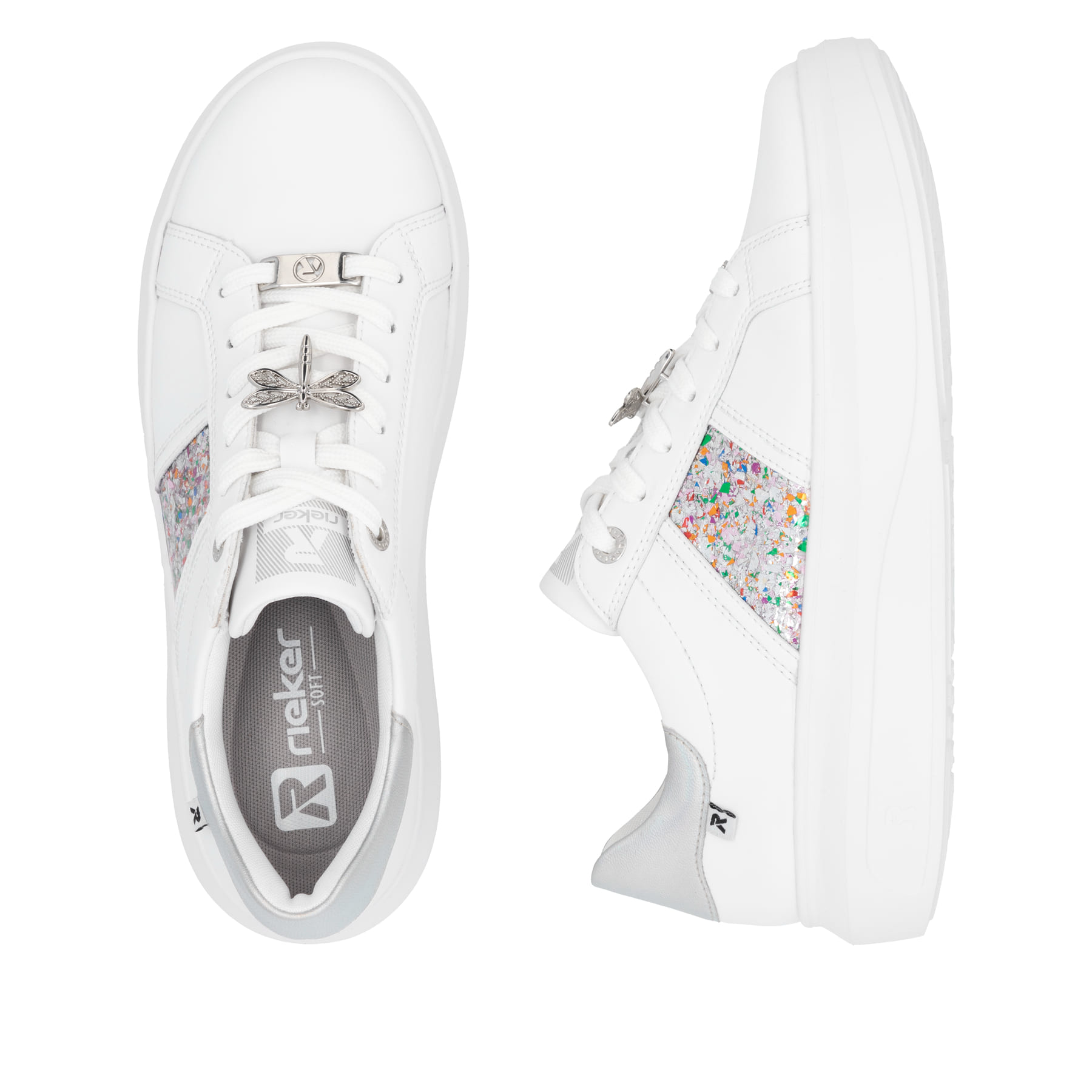 Baskets basses Rieker blanches pour femme W1202-83 avec lacets. Chaussure vue de dessus, couchée.
