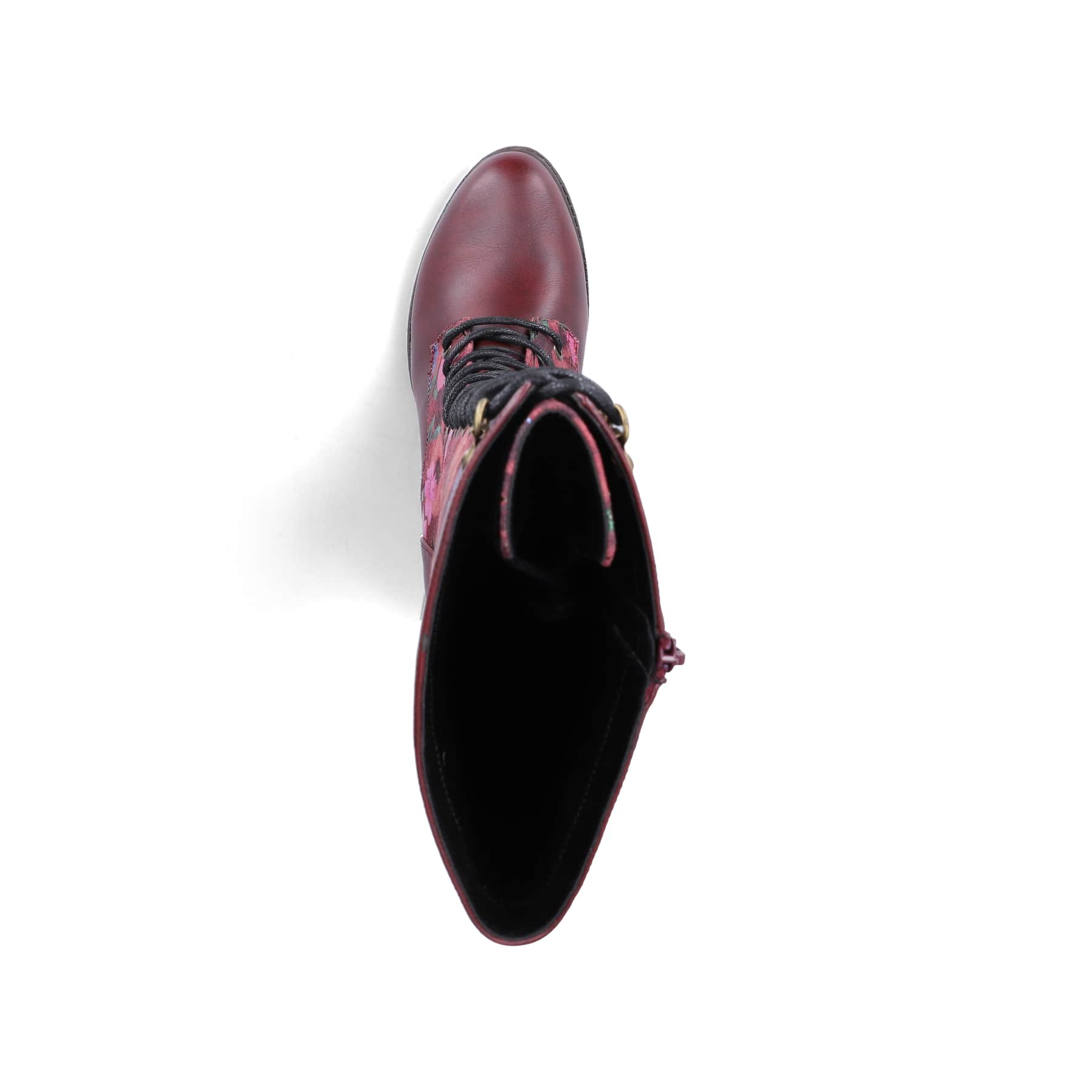 Bordeauxfarbene Rieker Damen Schnürstiefel 96040-90 mit floralem Aufdruck. Schuh von oben.