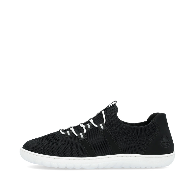 Schwarze vegane Rieker Damen Slipper 52854-00, Barfußschuhe mit einem Gummizug. Schuh Außenseite.