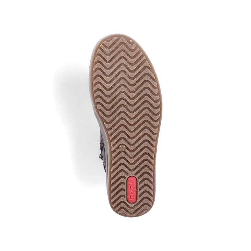 Braun-weiße Rieker Damen Sneaker High L2530-25 mit flauschigen Schnürsenkeln. Schuh Laufsohle.