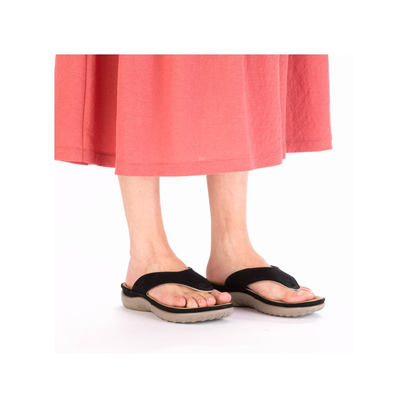 Schwarze Rieker Damen Zehentrenner 64802-00 mit einer ultraleichten Sohle. Schuh am Fuß.