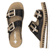 Schwarze Rieker Damen Pantoletten V7955-00 mit trendigen Schnalle. Schuh von oben, liegend.
