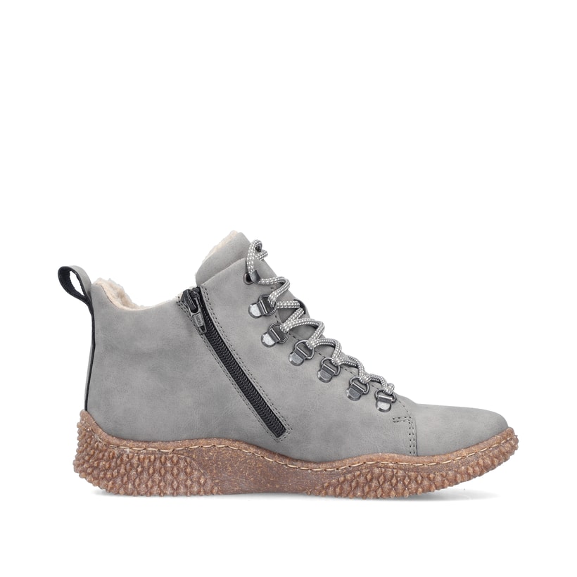 Hellgraue Rieker Damen Schnürstiefel Y8414-42 mit einem Reißverschluss. Schuh von hinten.