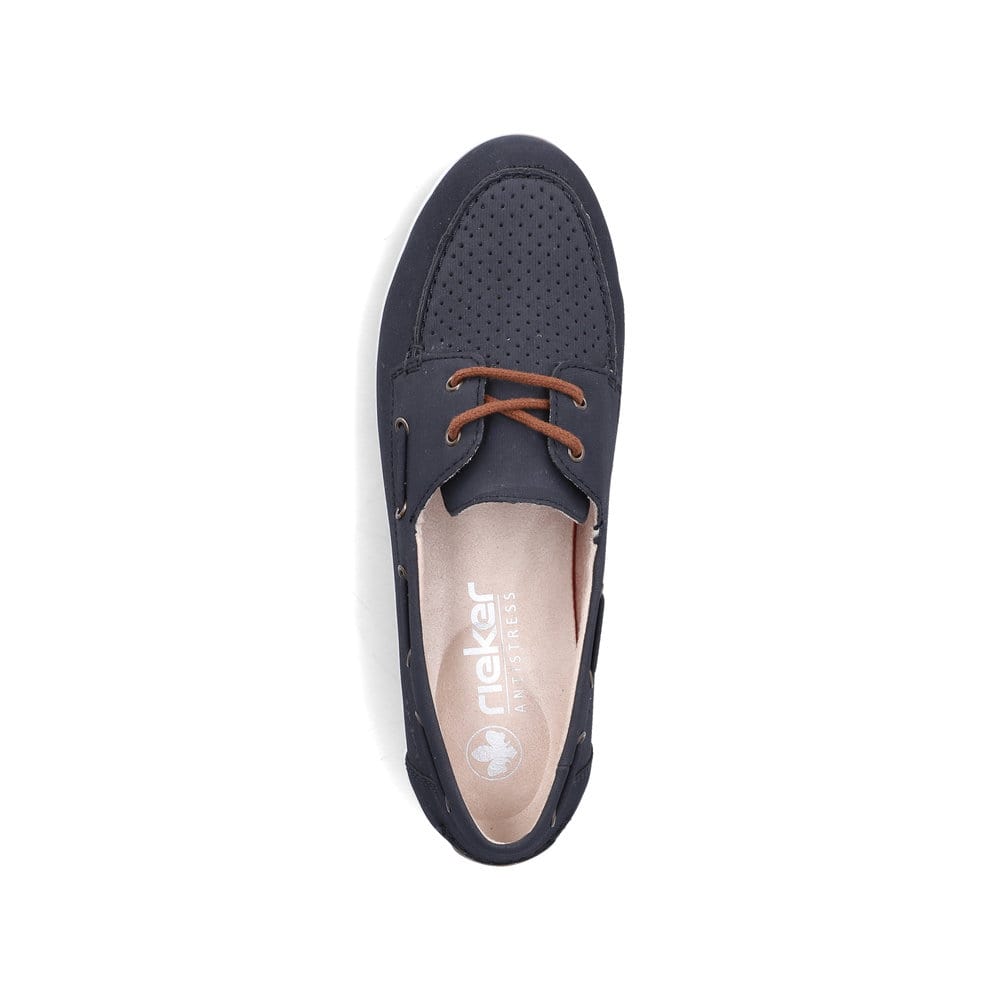 Blaue Rieker Damen Schnürschuhe 43800-15 mit einer herausnehmbaren Einlegesohle. Schuh von oben.