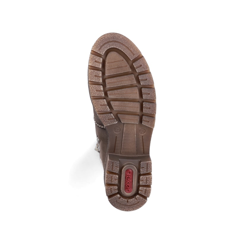 Braun-beige Rieker Damen Schnürstiefel Y8119-25 mit Teddyfell-Kragen. Schuh Laufsohle.