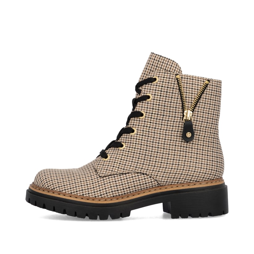 Biker Boots Rieker beiges femme 72617-60 avec motif Ã  carreaux Ã  la mode. Côté extérieur de la chaussure.