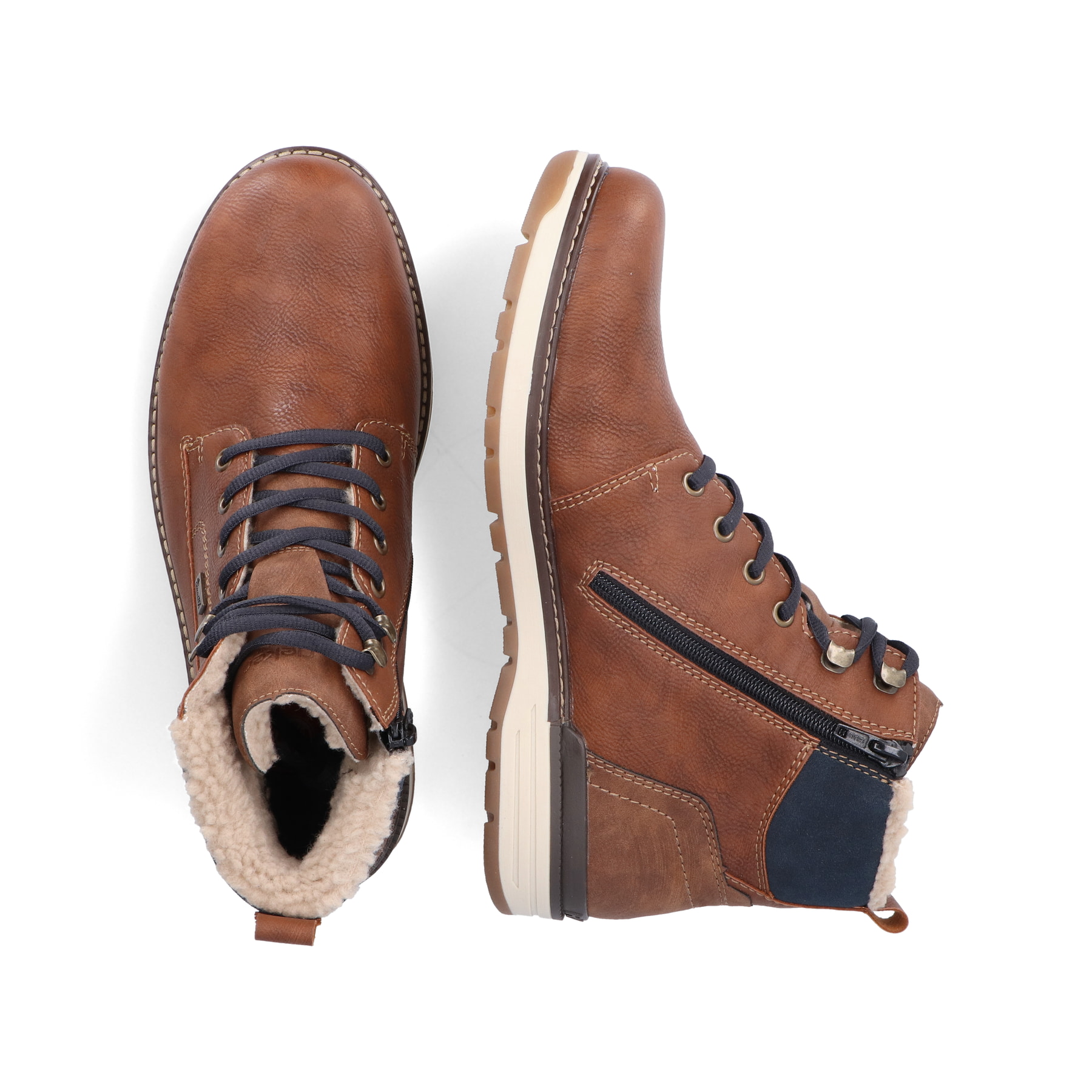 Braune Rieker Herren Schnürstiefel 39442-24 mit wasserabweisender TEX-Membran. Schuh von oben, liegend.