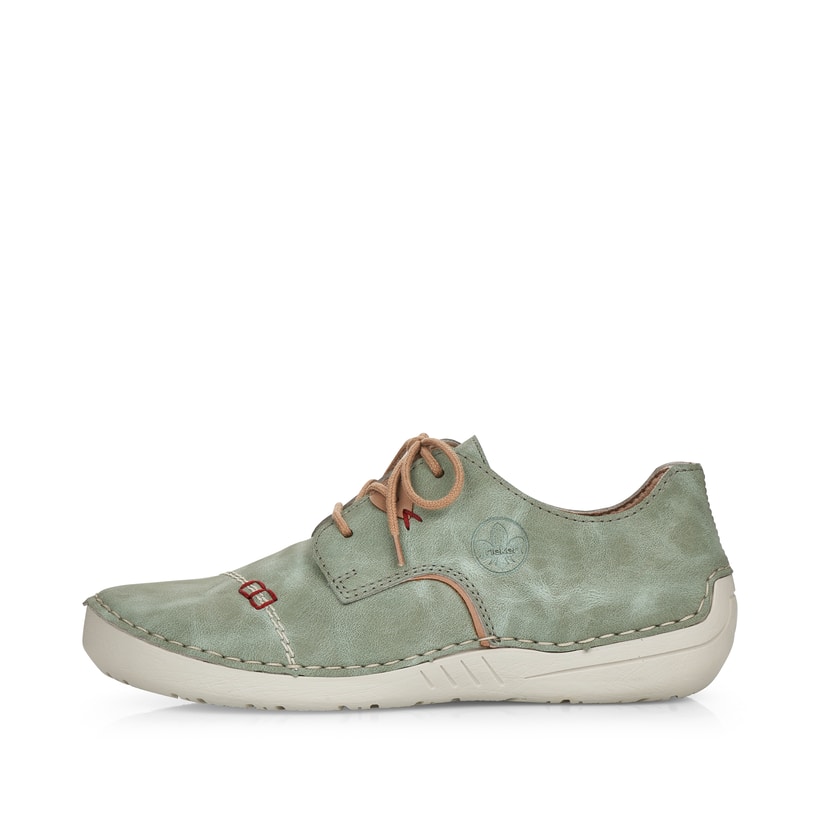 Grüne Rieker Damen Schnürschuhe 52528-52 mit einer extra weichen Decksohle. Schuh Außenseite.