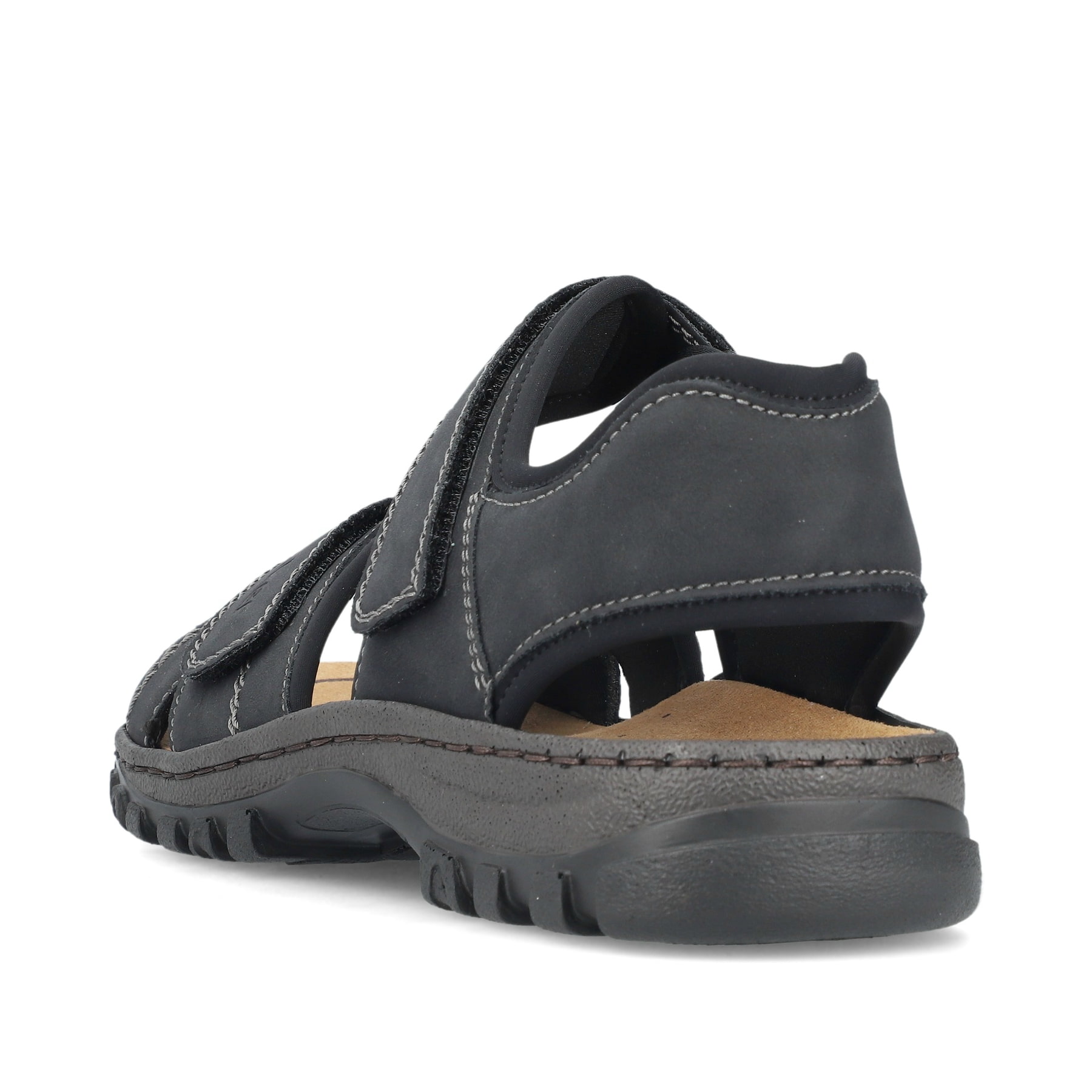 Schwarze Rieker Herren Trekkingsandalen 25051-03 mit einem Klettverschluss. Schuh von hinten.