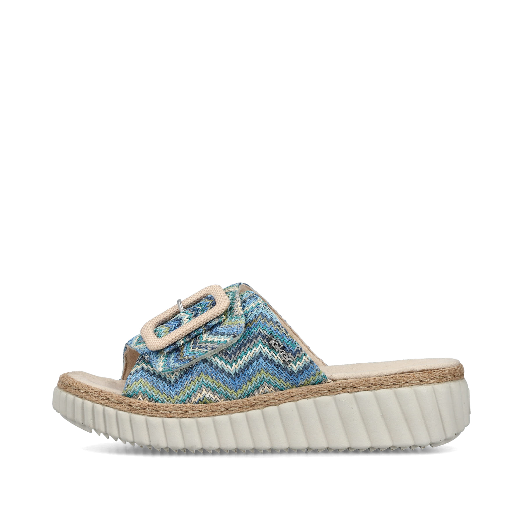 Mehrfarbige Rieker Damen Pantoletten 69253-90 mit trendigen Schnalle. Schuh Außenseite.