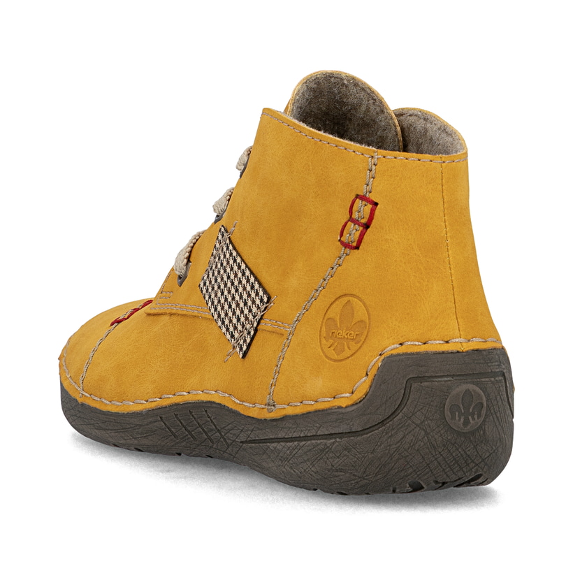 Honiggelbe Rieker Damen Schnürstiefel 52543-69 mit einer Schnürung. Schuh von hinten.