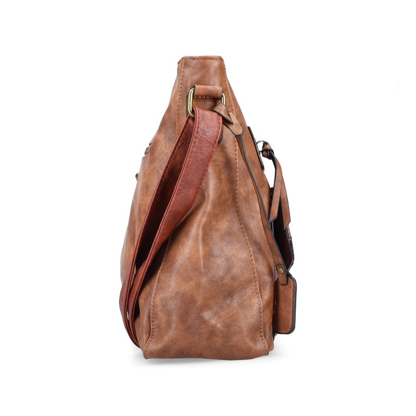 Sac Ã  main Rieker H1340-22 en marron avec design Ã  carreaux, pendentif stylé, fermeture éclair et poche pour téléphone portable. Côté gauche.