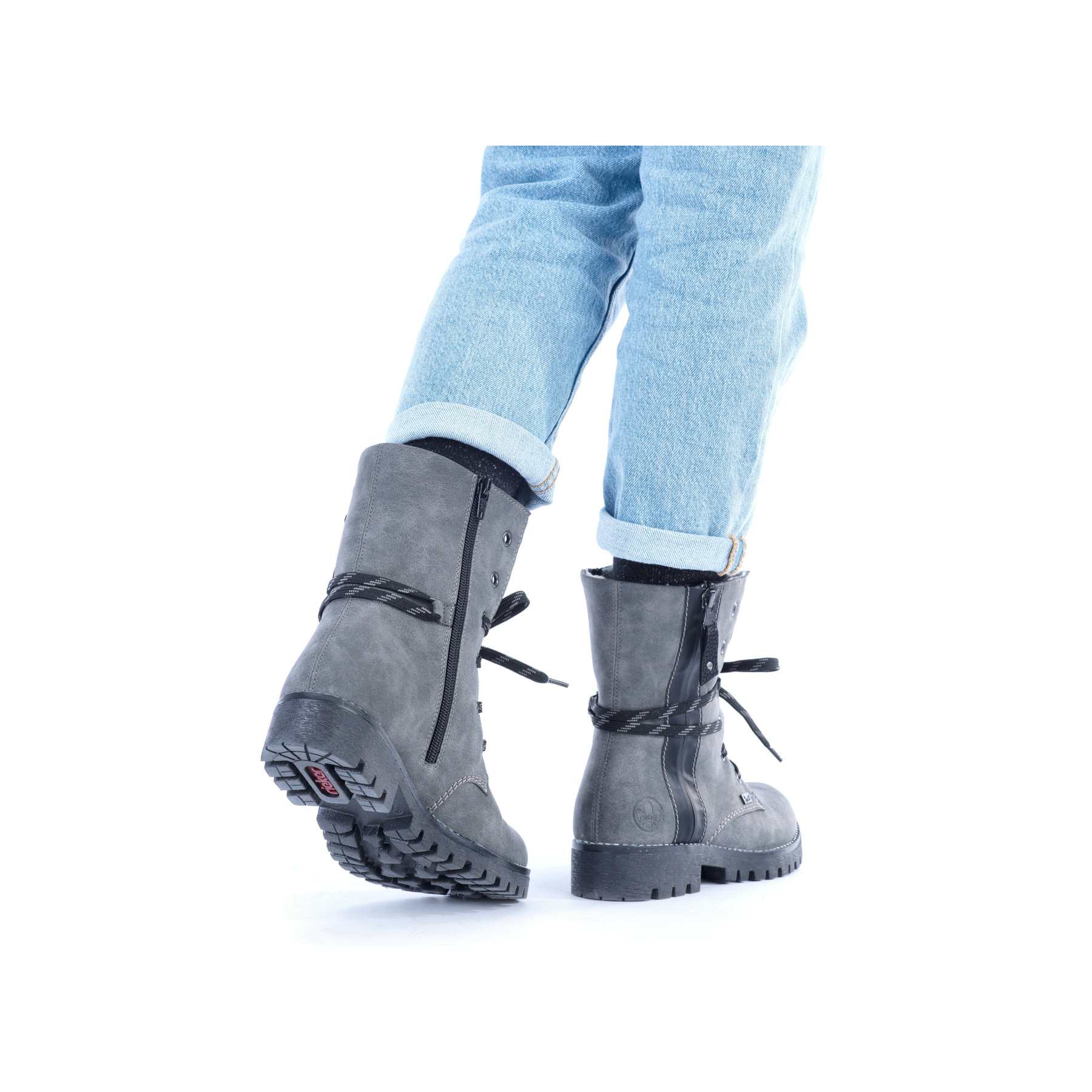 
Mondgraue Rieker Damen Schnürstiefel 785K0-45 mit Schnürung und Reißverschluss. Schuh am Fuß