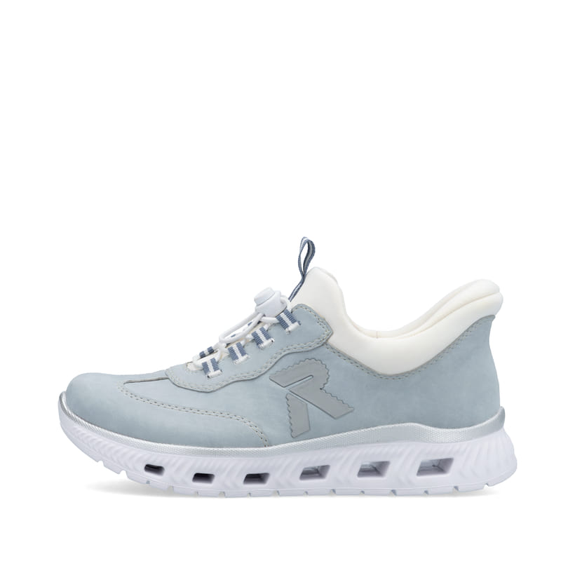Blaue Rieker Damen Sneaker Low M6071-12 mit Gummizug sowie einer flexiblen Sohle. Schuh Außenseite.