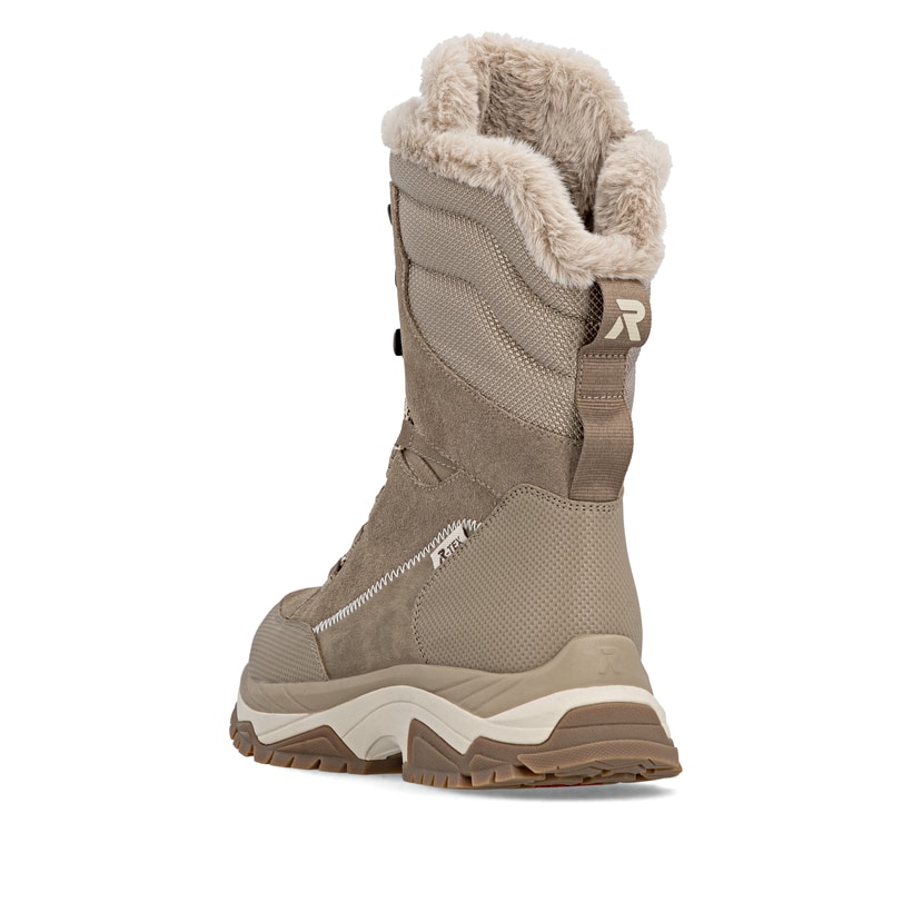 Beige Rieker Damen Schnürstiefel W3972-64 mit griffiger Fiber-Grip Sohle. Schuh von hinten.