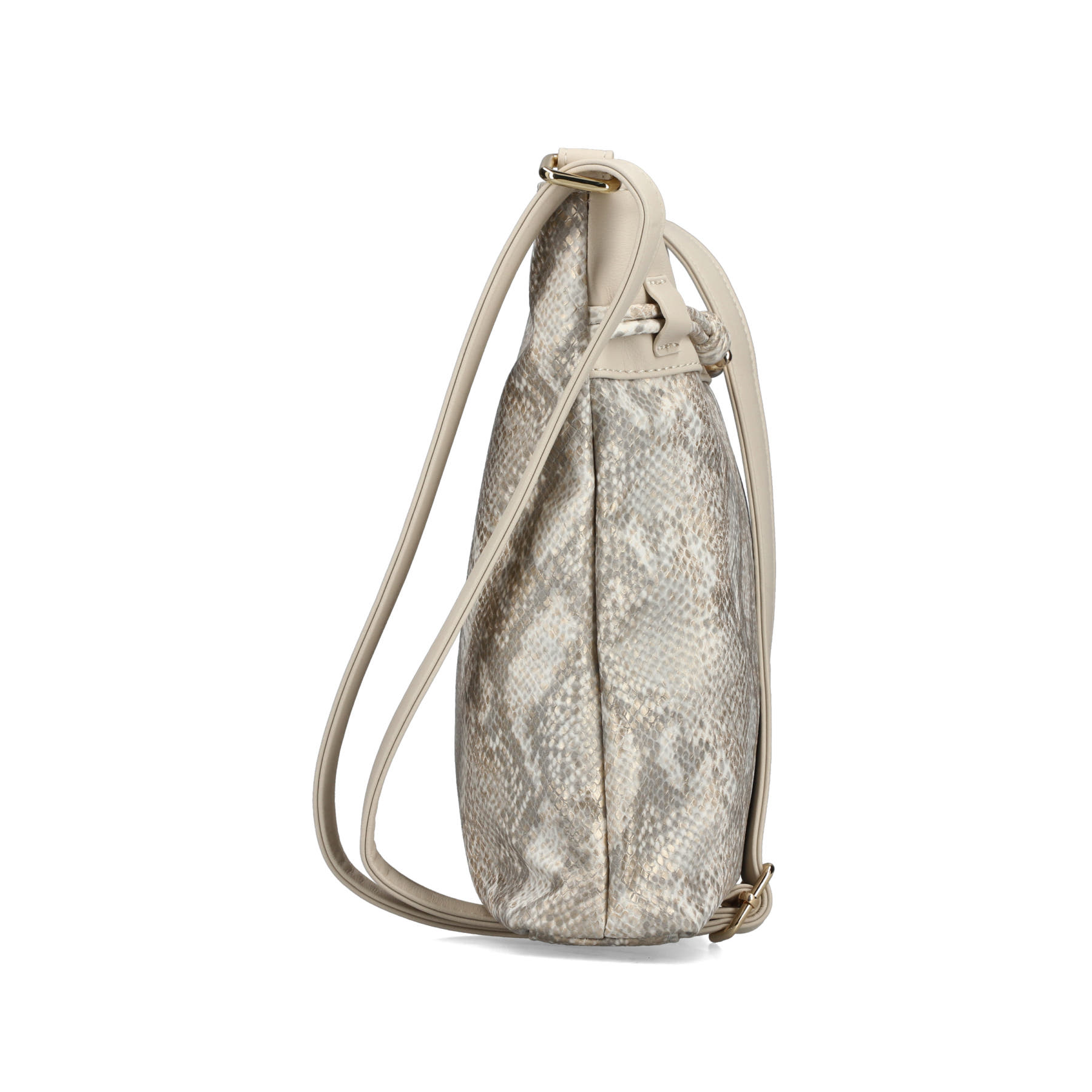 Sac à bandoulière Rieker H1032-90 doré avec motif serpent et fermeture éclair. Ouvert.