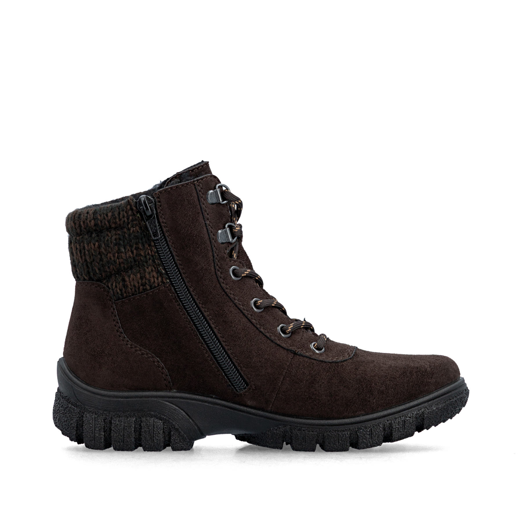 Dunkelbraune Rieker Damen Schnürstiefel Z7220-25 mit Strick-Kragen. Schuh Innenseite.