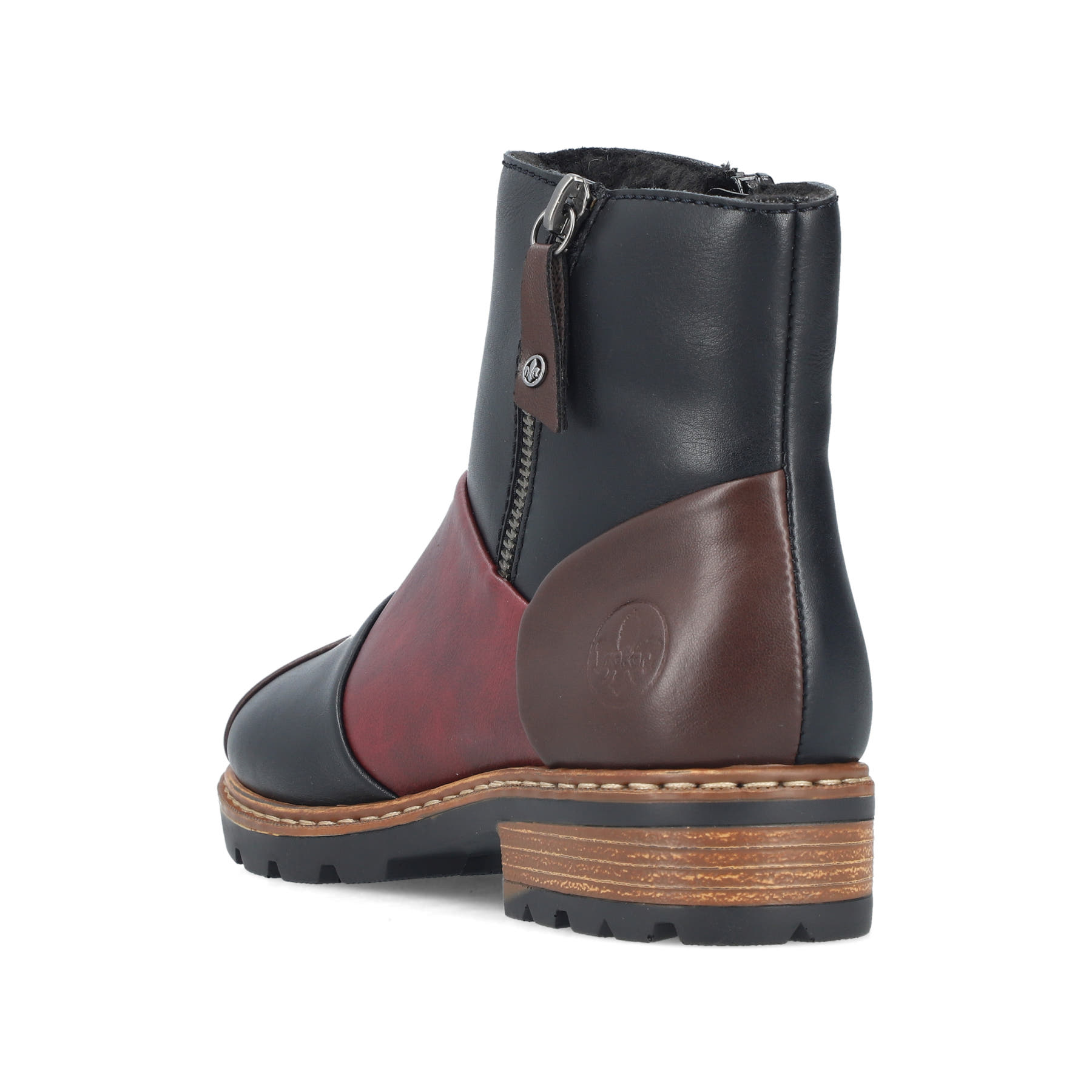 Dunkelblau-weinrote Rieker Damen Kurzstiefel Z9356-90 mit einem Reißverschluss. Schuh von hinten.
