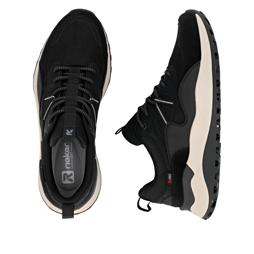 Baskets basses Rieker noires pour homme U1301-02 avec membrane RiekerTEX. Chaussure vue de dessus, couchée.