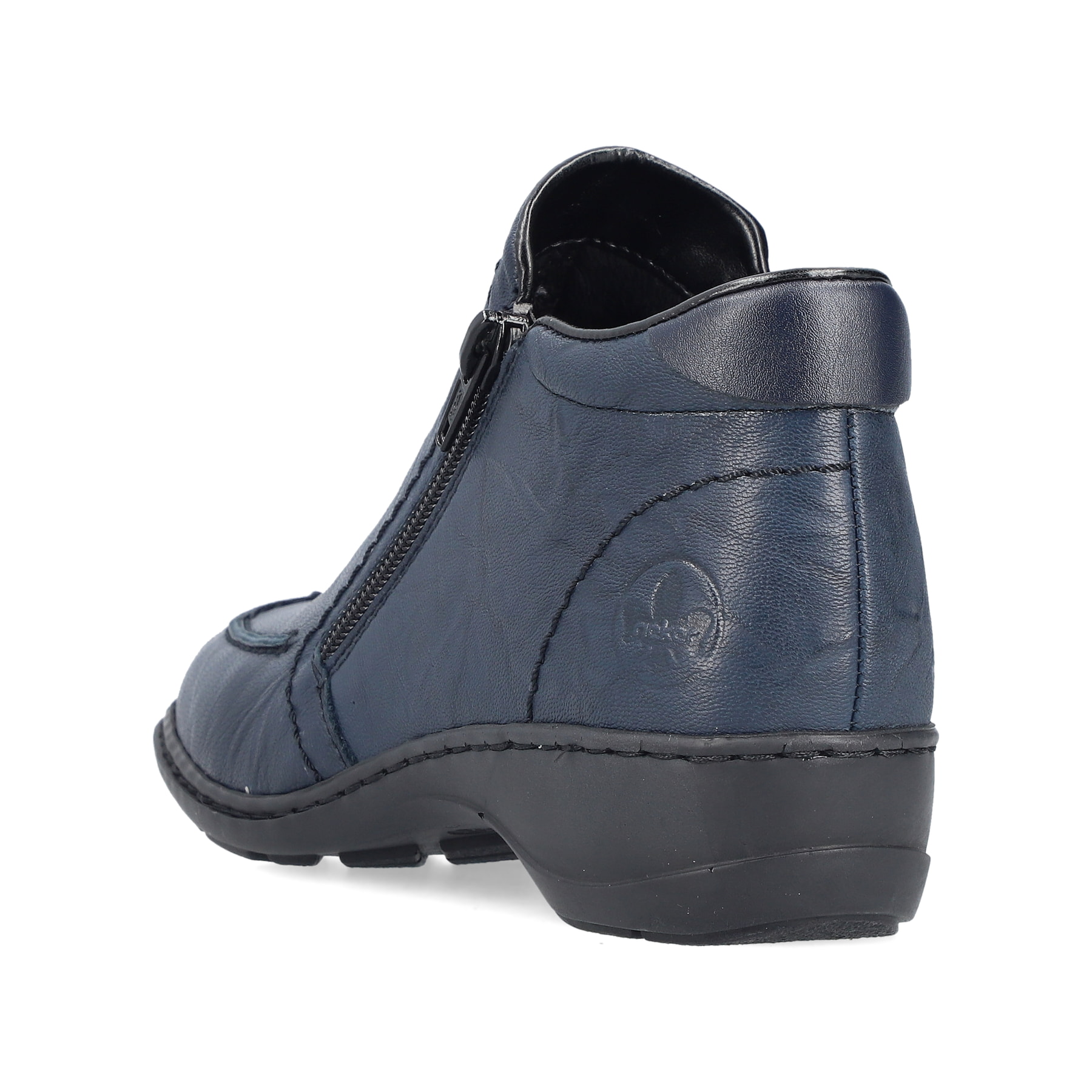 Dunkelblaue Rieker Damen Kurzstiefel 58386-14 aus Glattleder mit Reißverschluss. Schuh von hinten.