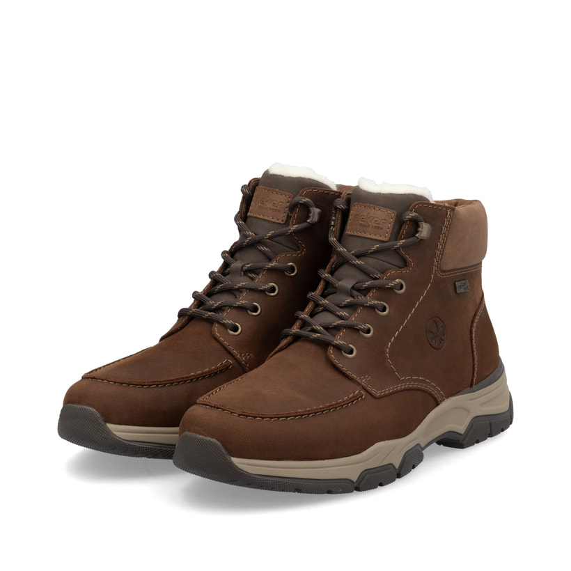 
Zimtbraune Rieker Herren Schnürstiefel 31240-22 mit Schnürung und Reißverschluss. Schuhpaar schräg.