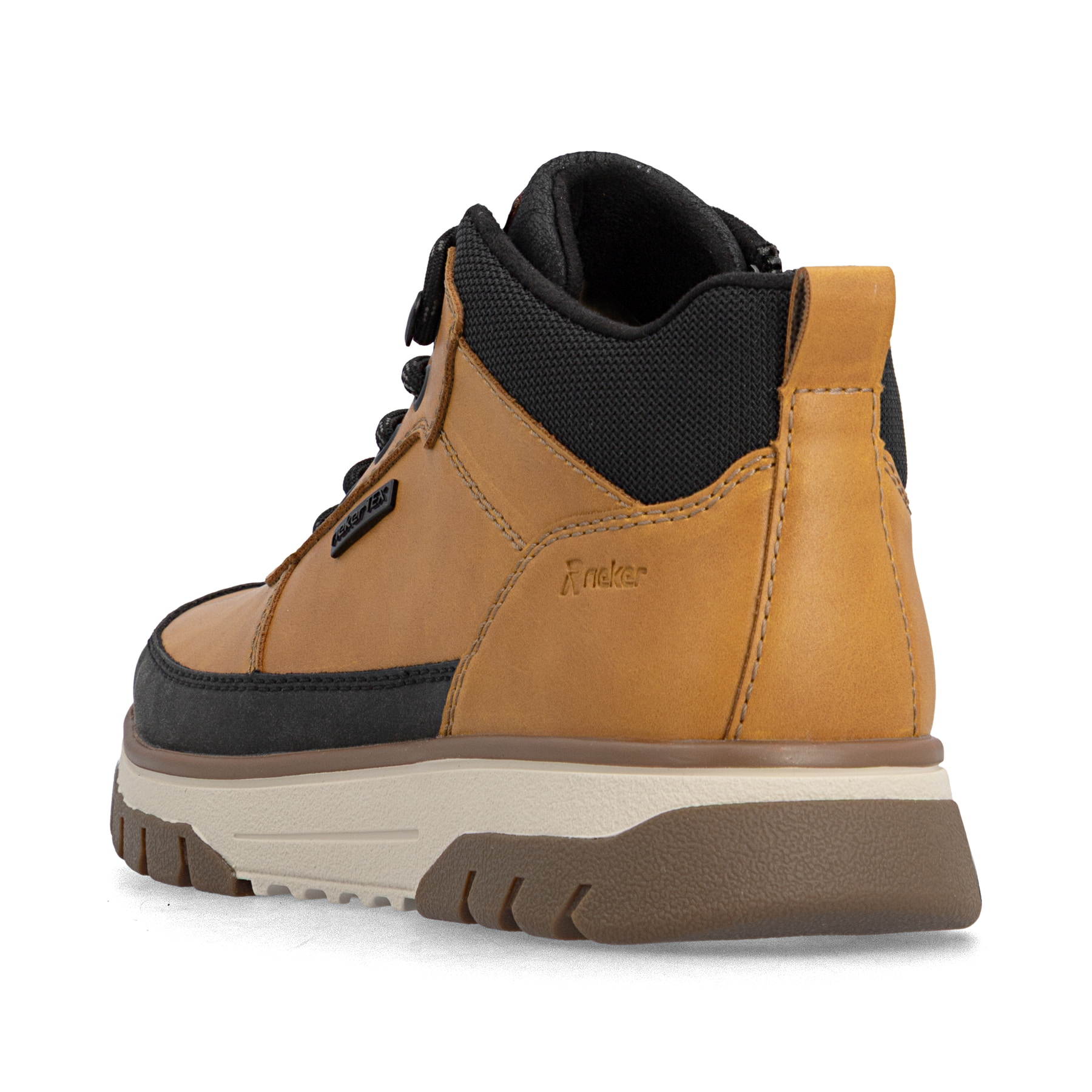 Schwarz-ockerfarbene Rieker Herren Schnürstiefel B9300-20 mit Reißverschluss. Schuh von hinten.