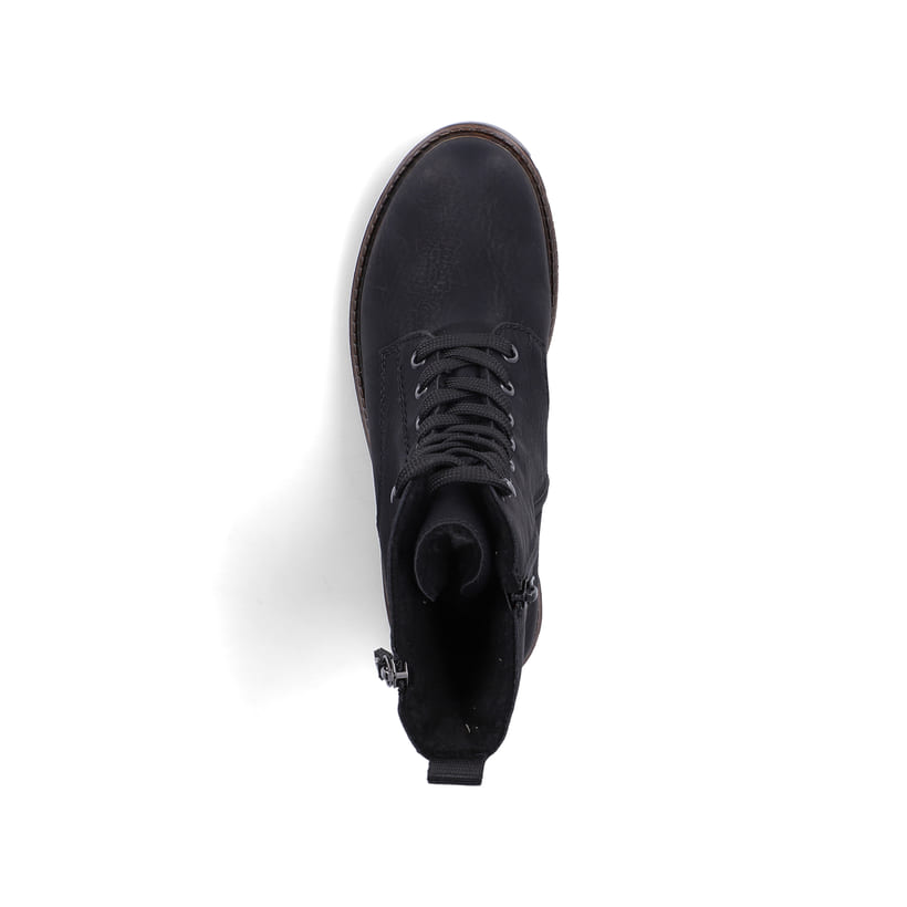Schwarze Rieker Damen Biker Boots 73210-00 mit einem Reißverschluss. Schuh von oben.
