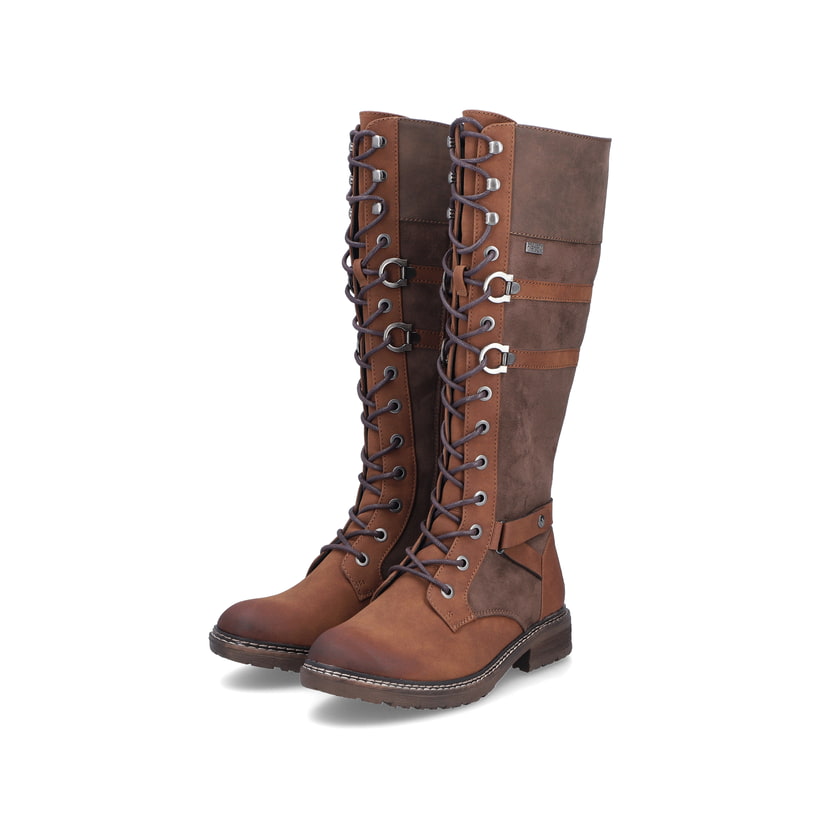 Dunkelbraune Rieker Damen Hochschaftstiefel 94732-25 mit einem Reißverschluss. Schuhpaar seitlich schräg.