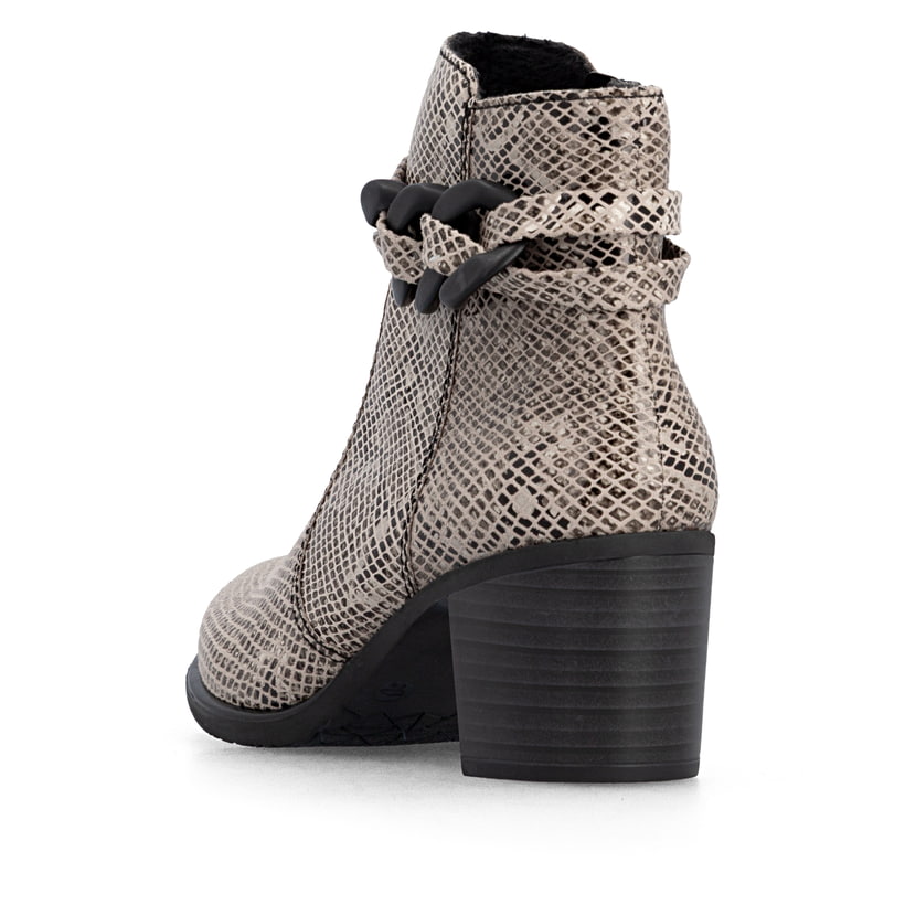Beige-schwarze Rieker Damen Stiefeletten Y2066-64 mit Deko-Kette. Schuh von hinten.