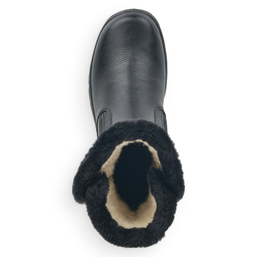
Tiefschwarze Rieker Damen Kurzstiefel Z68M1-01 mit einer schockabsorbierenden Sohle. Schuh seitlich schräg