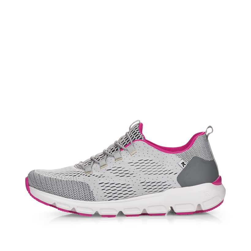 Graue Rieker Damen Slipper 40403-40 mit super leichter und flexibler Sohle. Schuh Außenseite.