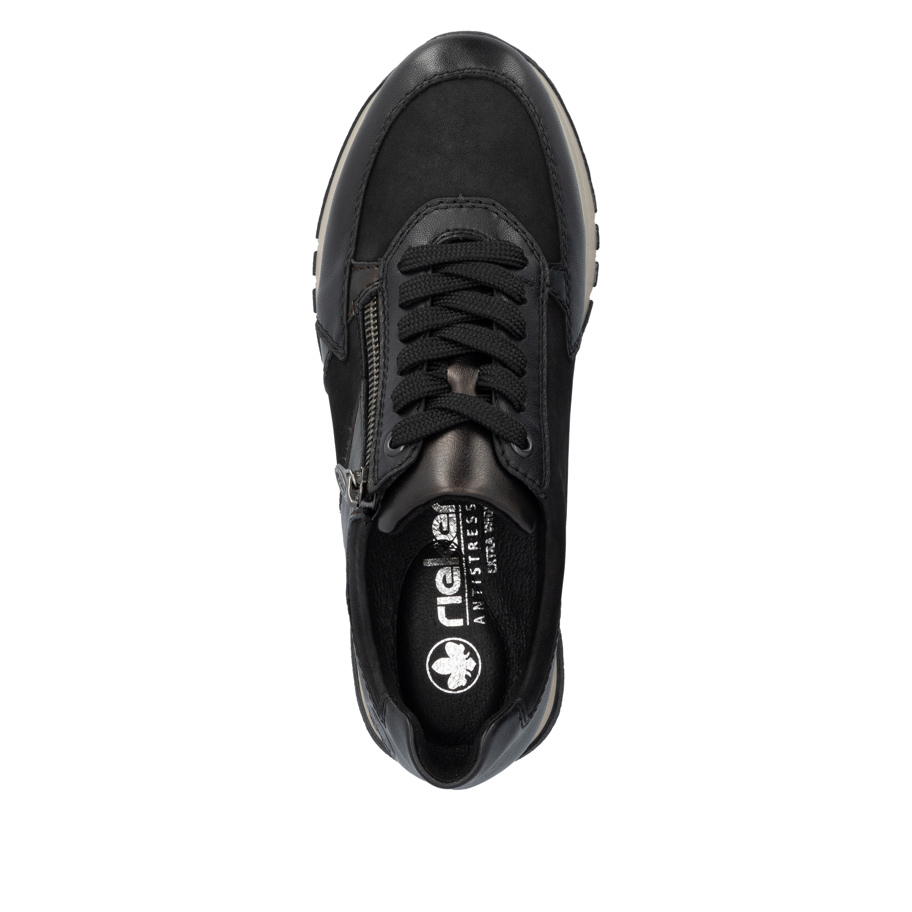 Baskets basses Rieker noires pour femme 49010-00 en cuir lisse. Semelle extérieure de la chaussure.