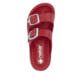 Rote Rieker Damen Pantoletten P2180-35 mit Schnallen sowie einer flexiblen Sohle. Schuh von oben.